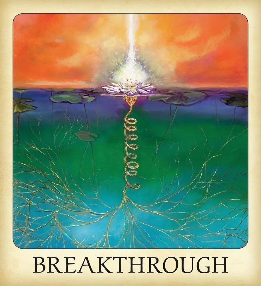Breakthrough meditation card: a luminous lotus above a web of roots.