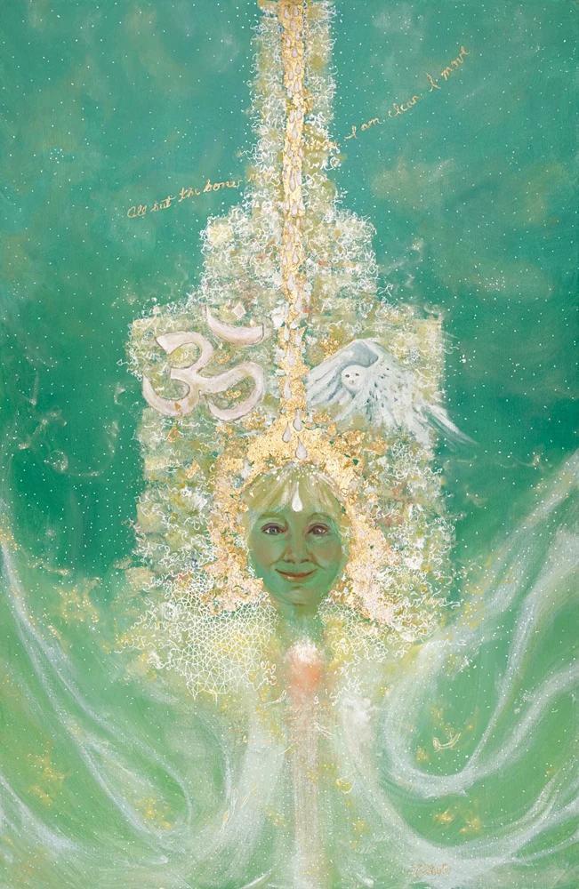A pale green figure rises through a sparkling vertical stream of light.