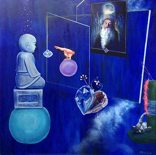 A blue room holds a seated statue, suspended geometric forms, and a small framed figure.
