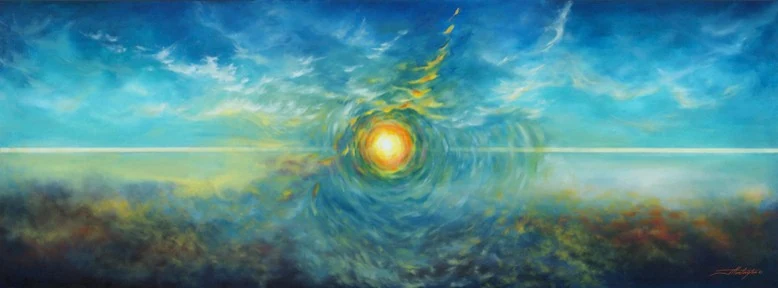 A glowing golden orb hangs above a distant horizon in a wide turquoise sky.