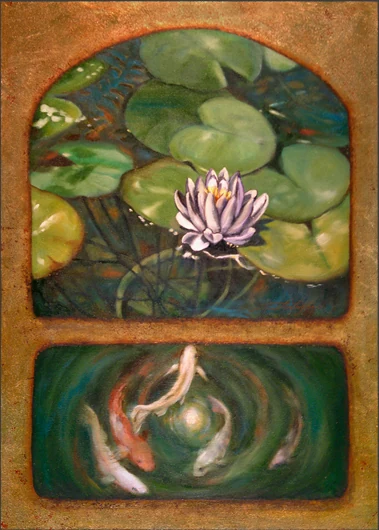 A pink lotus and lily pads sit above a second panel of circling koi within an arched surround.