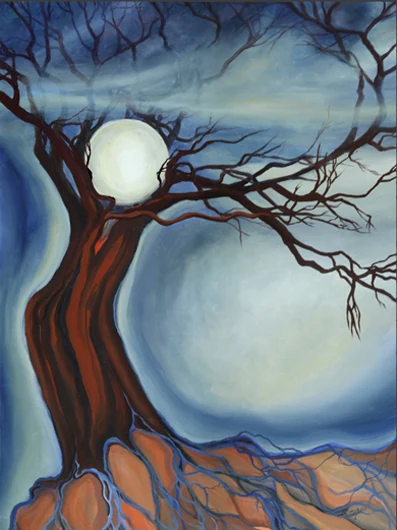 A dark red tree curves around a full moon above exposed roots and a blue landscape.