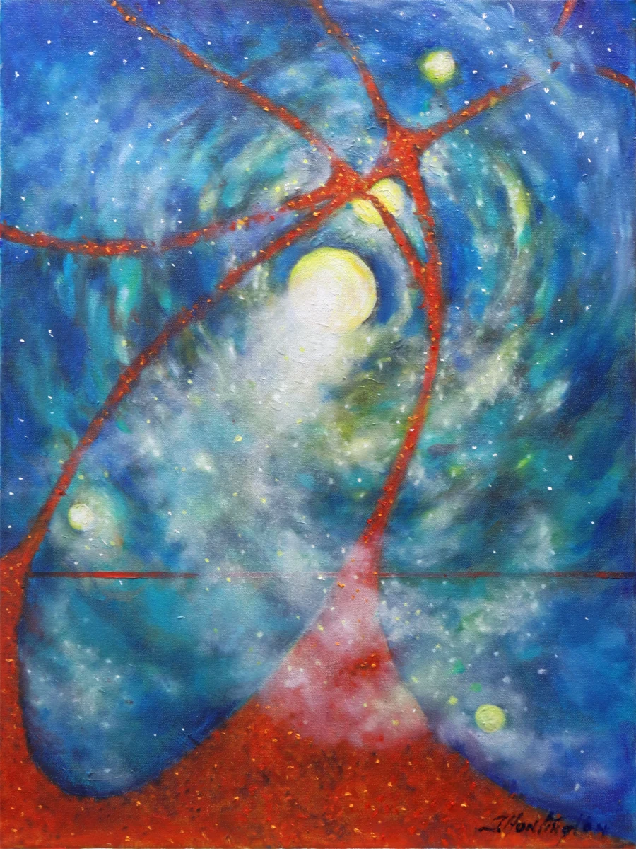 Red branching forms and pale glowing spheres connect across a swirling blue field.