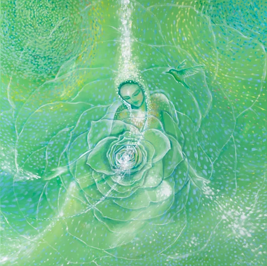 A faint open-armed figure and a many-layered rose emerge within a luminous green field.