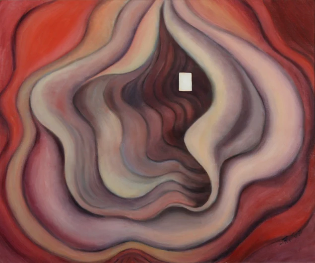 Red, rose, and cream-colored folds surround a small white doorway.
