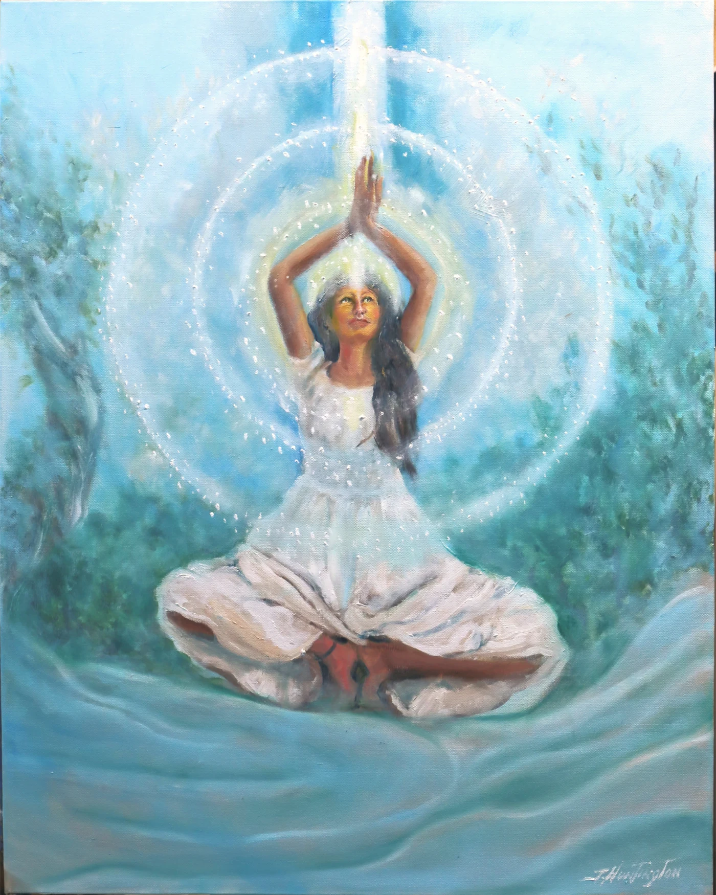 A seated woman raises her hands through rings of light in a pale blue-green forest.