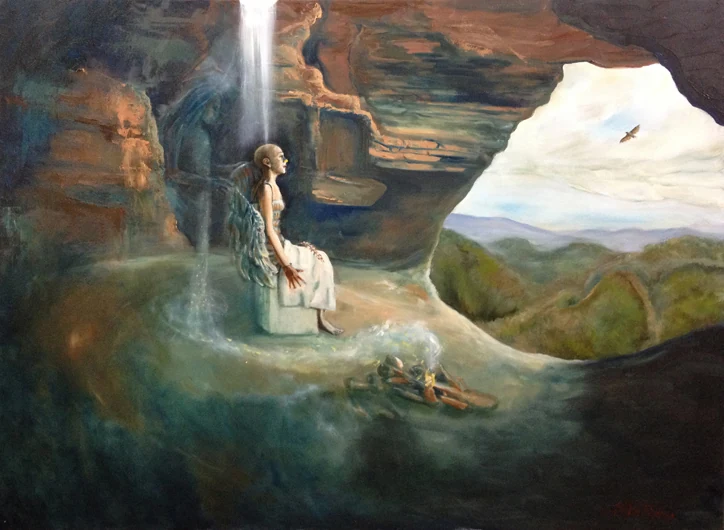 A seated figure rests at the opening of a rocky cave, facing distant mountains and light.