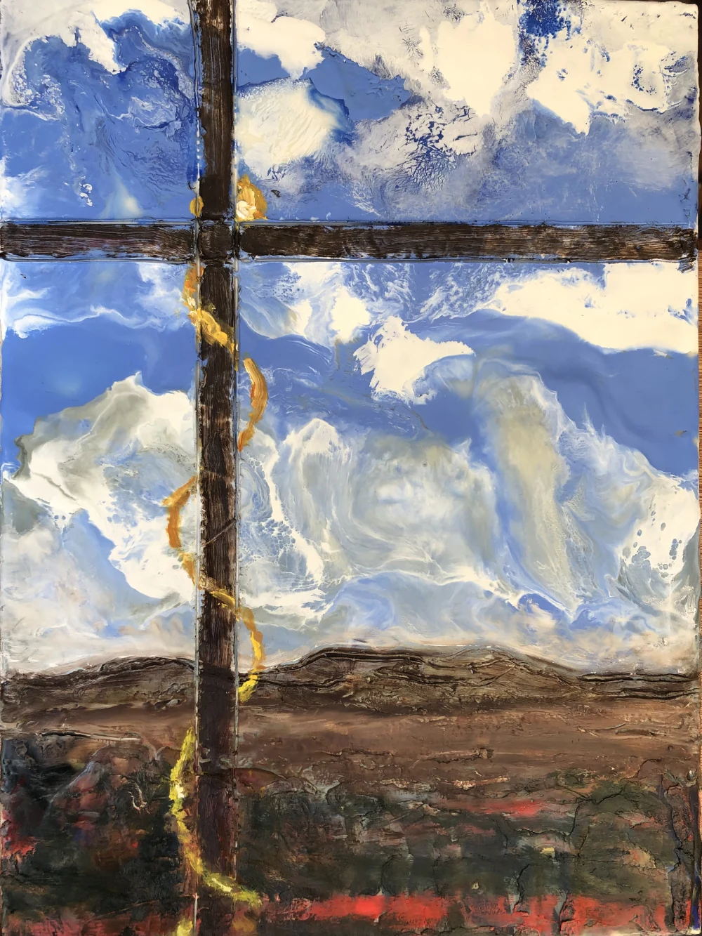 A dark cross divides a cloud-filled blue sky above earthy ground and a golden spiral.