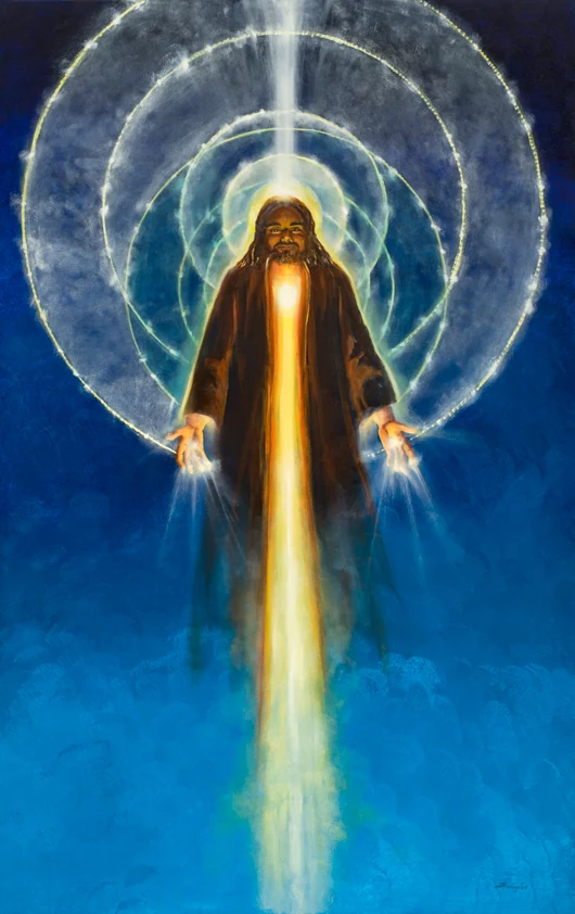 A robed figure stands within concentric rings as a golden stream of light falls through the center.