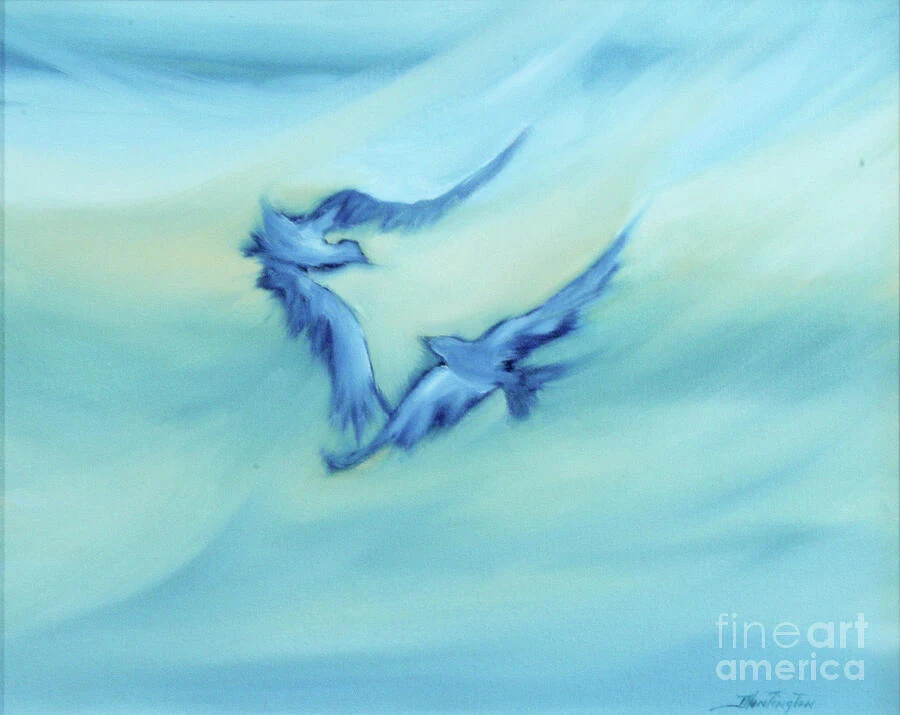 Two blue birds fly toward one another against a pale, flowing sky.
