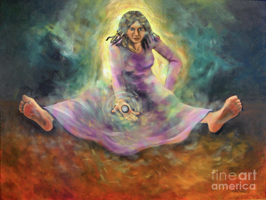 A woman in violet sits with her legs extended, holding a spiral amid green and orange light.
