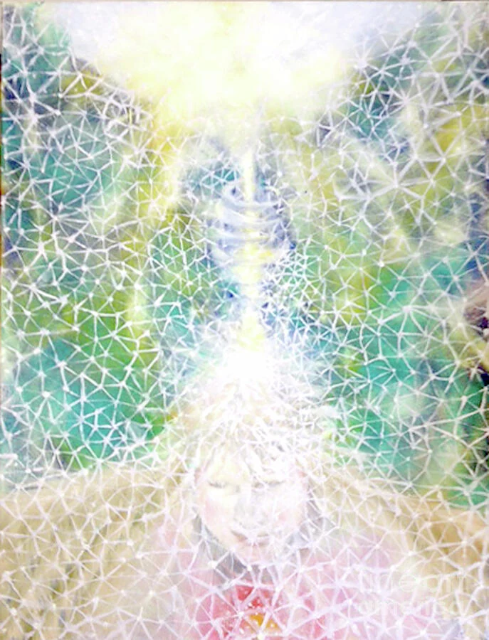A pale figure appears behind an intricate white web and a bright overhead glow.