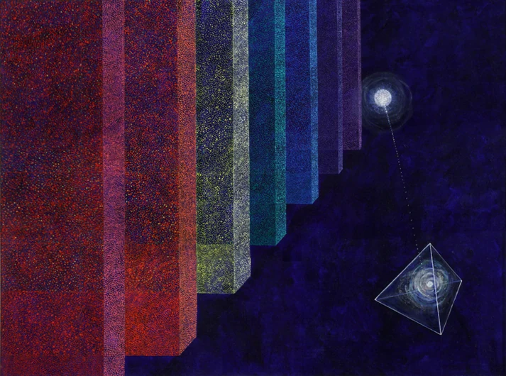 Translucent rainbow-colored planes recede toward a pale orb above a geometric form.