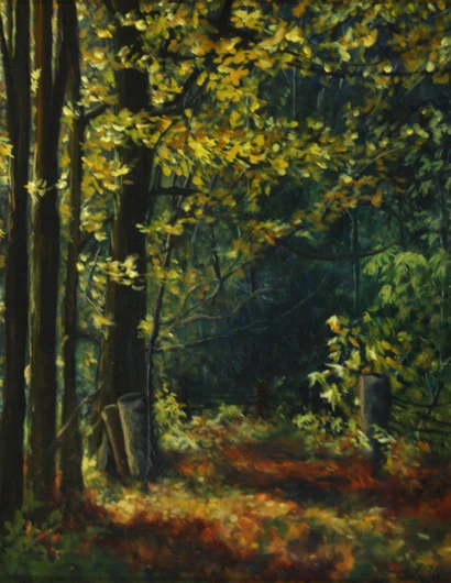 An autumn woodland path winds between richly colored trees.