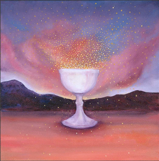 Golden particles rise from a white chalice beneath a violet sky, with distant mountains on the horizon.