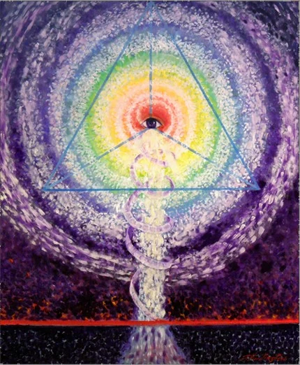 An eye glows inside a triangle and concentric rainbow fields, fed by a twisting white column above a red horizon.