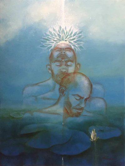 Overlapping faces rise through a blue field toward a radiant lotus-like crown.