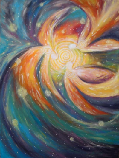 Flowing orange, blue, violet, and green forms spiral outward from a small golden center.