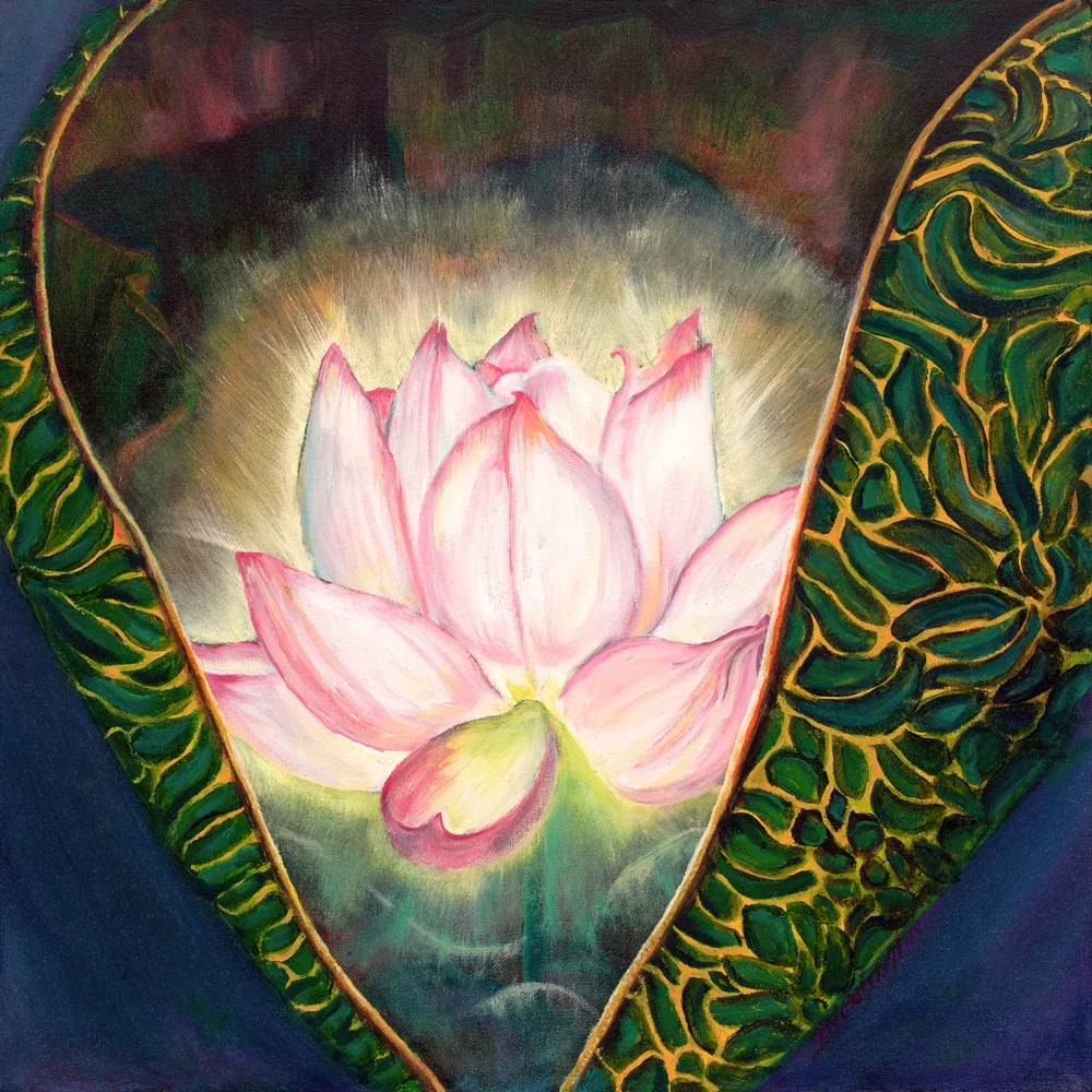 A luminous pink lotus opens between dark green and gold patterned forms.