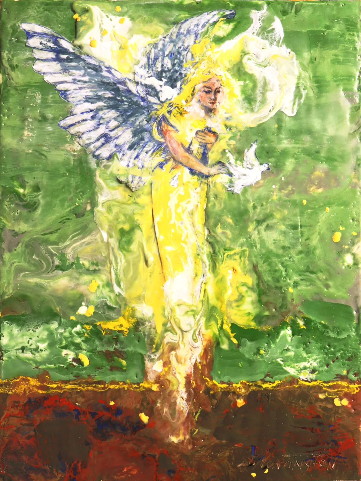A winged figure in yellow and white rises against a richly textured green background.