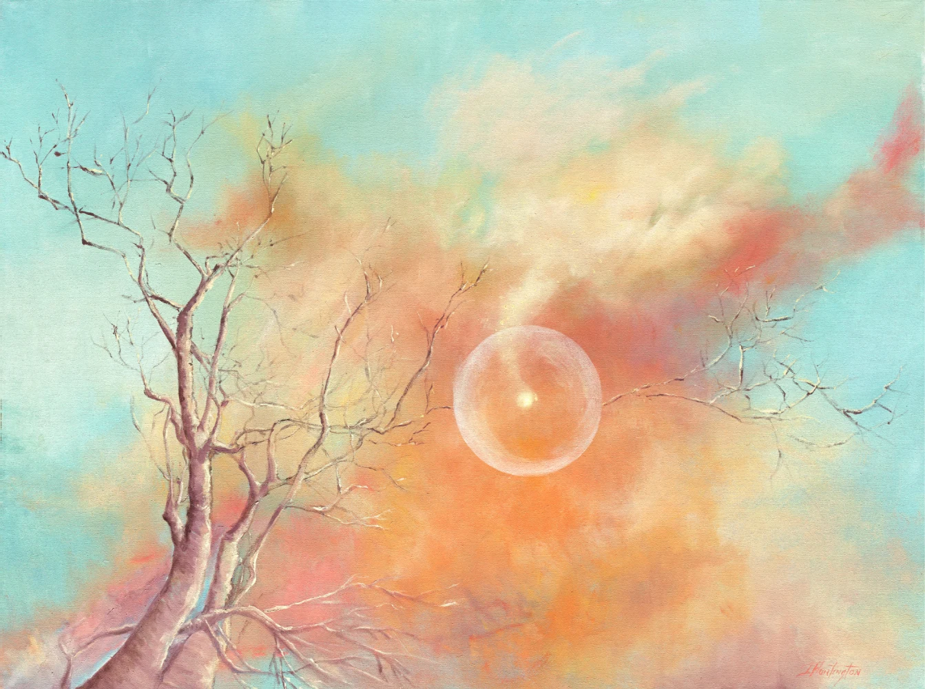 Bare tree branches reach toward a translucent sphere floating in a softly glowing orange and turquoise sky.