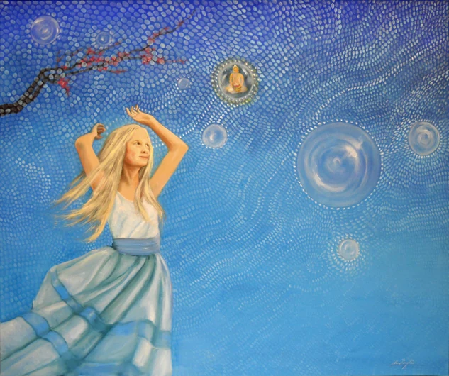 A woman lifts her arms beneath a blue sky filled with pink blossoms and luminous circular forms.