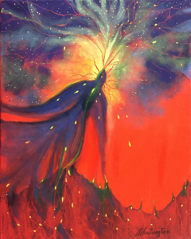 A blue winged form rises through a vivid red field, scattering golden seeds and green shoots.