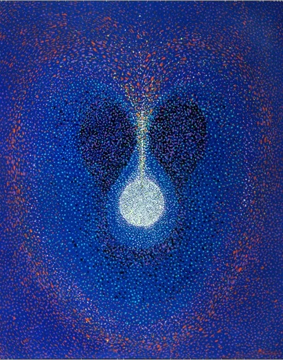 Fine red and white dots form curved energy fields and a glowing hanging sphere against a deep blue background.