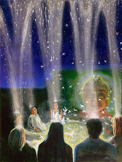 People sit in a garden circle as white doves and vertical streams of light rise above them.
