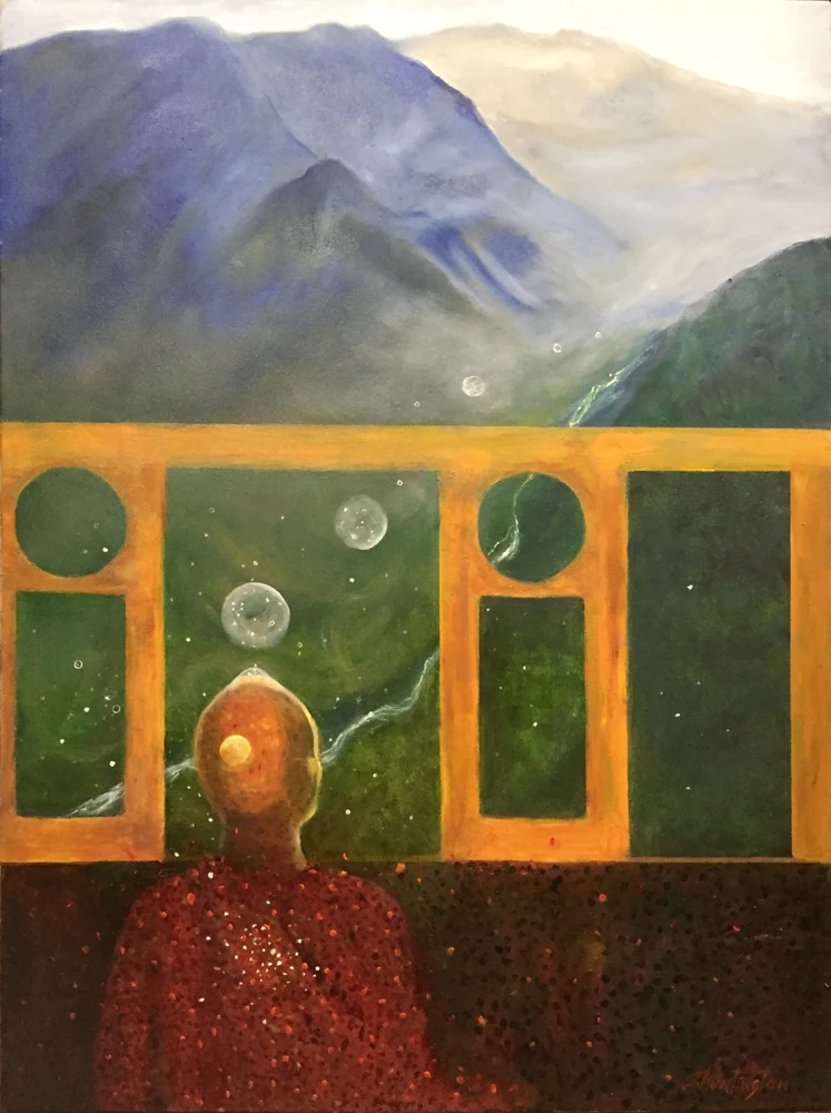 A seated figure faces a patterned golden wall and a tranquil mountain landscape.