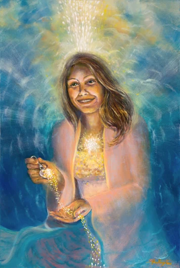 A smiling woman pours a stream of golden light from a vessel against a blue and gold background.