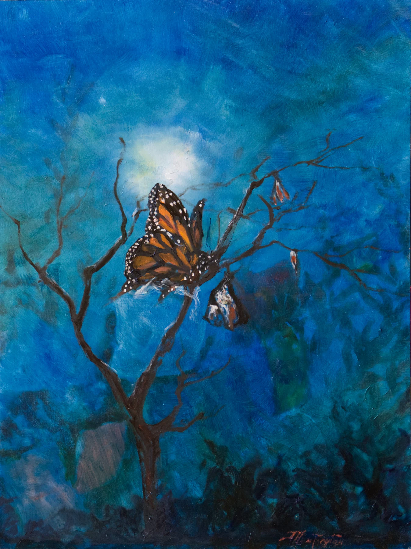 A butterfly rests among bare branches against a luminous blue garden and moonlit sky.