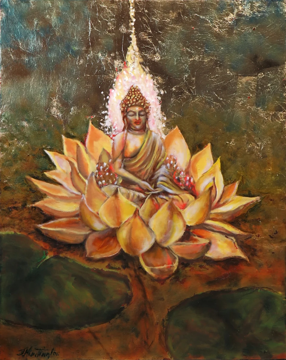 A meditating Buddha sits within an open golden lotus, surrounded by a warm luminous aura.