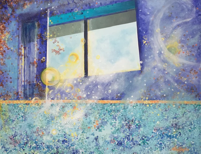An open window sits between layered fields of blue and violet, with small golden forms nearby.