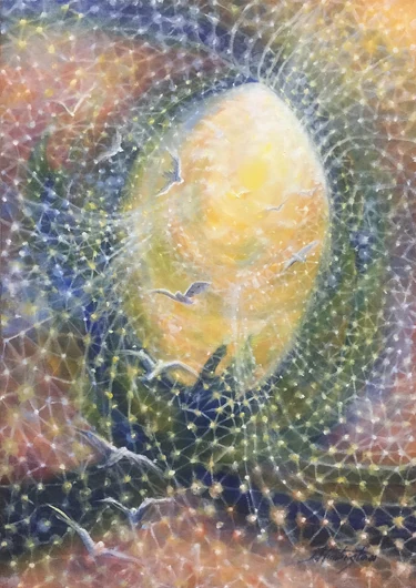 Hands cradle a golden sphere surrounded by an intricate web of white light.