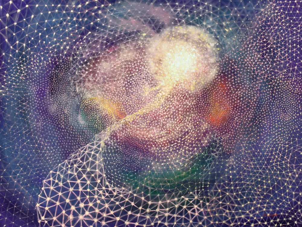 A fine web of white lines and points of light curves through a violet field toward a radiant golden sphere.
