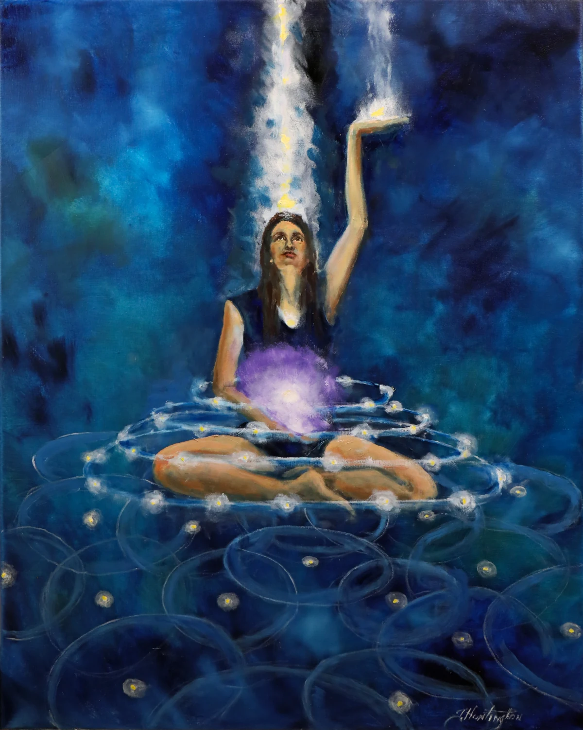 A seated woman raises one hand into a column of light above concentric blue ripples.
