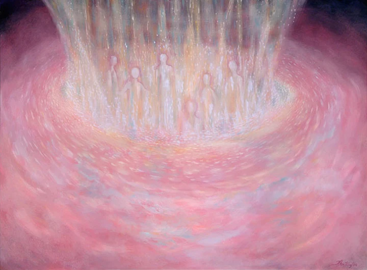 Golden light and faint upright figures gather within a swirling pink vortex.