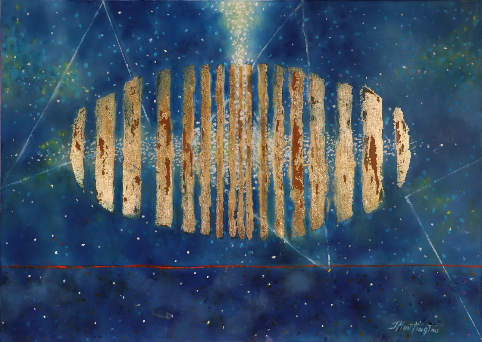 Separated golden vertical forms gather into an oval against a starry blue field.