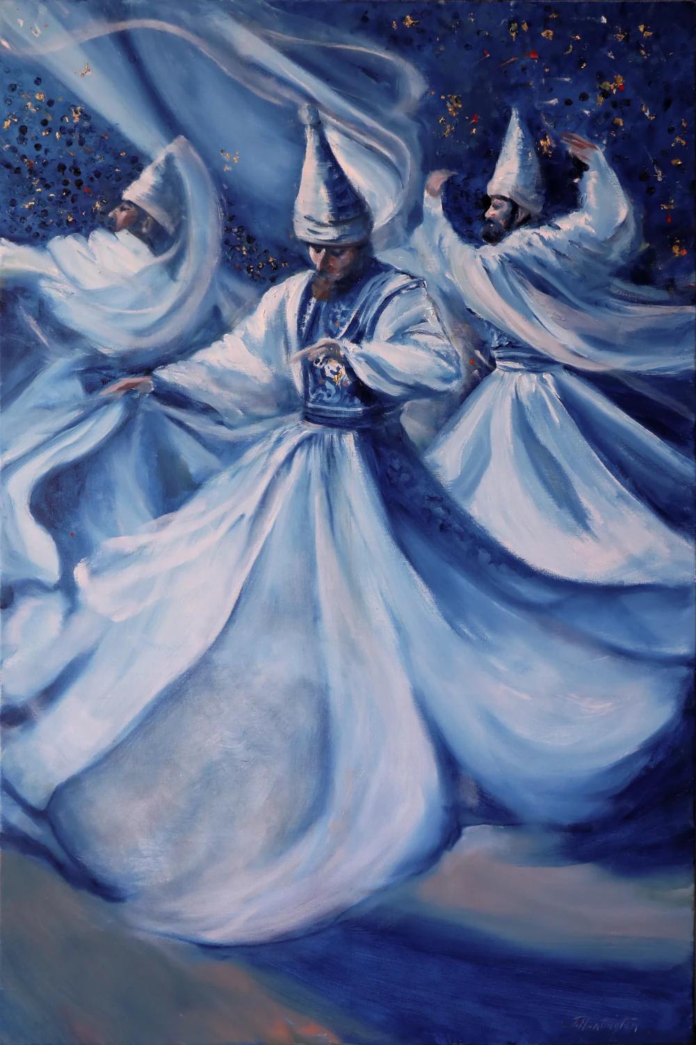 Whirling figures in pale blue robes and tall hats move through a deep blue space.