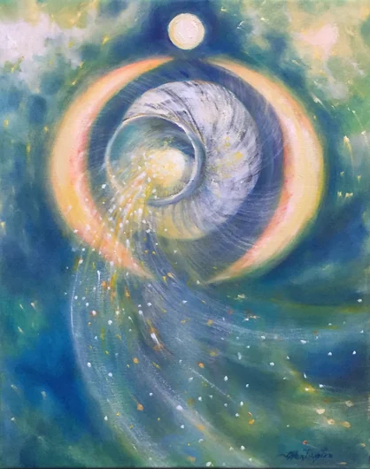 A curved blue-white form receives a stream of golden particles inside a luminous ring, with a small white sphere above.