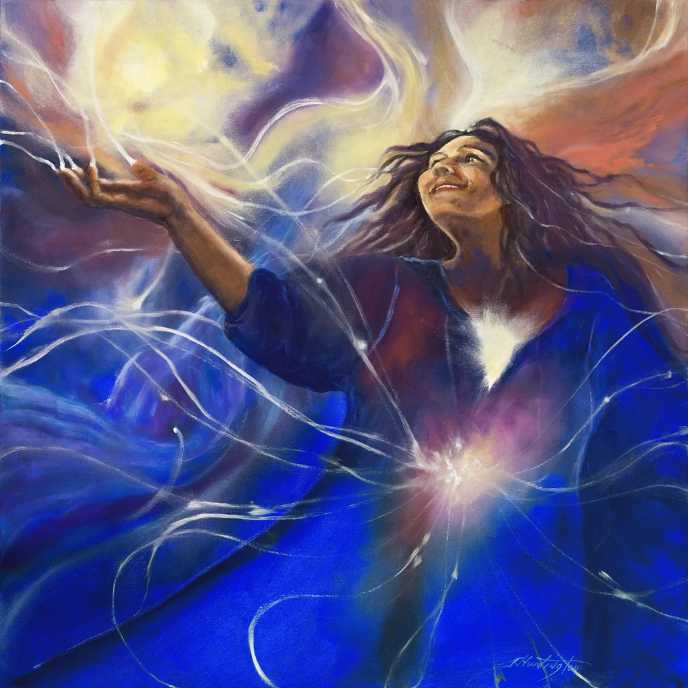 A smiling woman opens her arms amid flowing blue fabric and radiant lines of light.