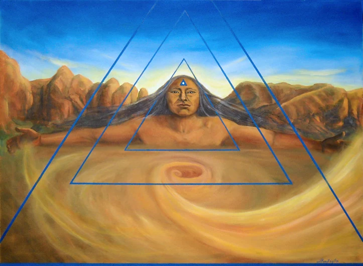 A face appears between red desert cliffs, framed by blue triangles above a swirling golden foreground.